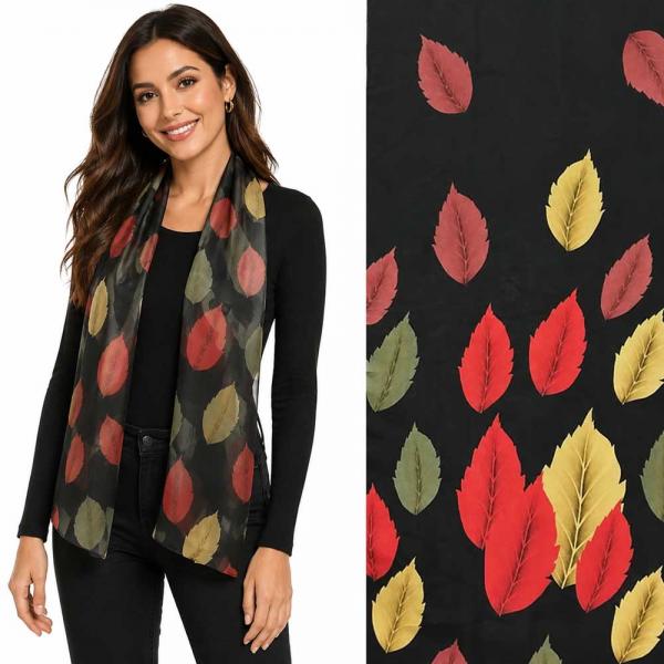 wholesale 1909/T - Silky Dress Scarves  A030 Black Leaves on Black MB - 