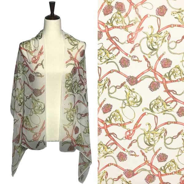 wholesale 1909 - Silky Dress Scarves A044 Ivory<br>
Belts and Chain Print on Ivory Silky Dress Scarf - 