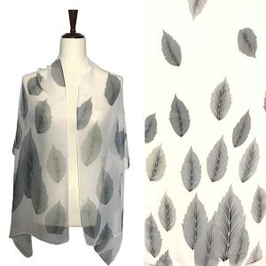 1909 - Silky Dress Scarves A048 - Ivory<br>
Grey Leaves on Ivory Silky Dress Scarf - 