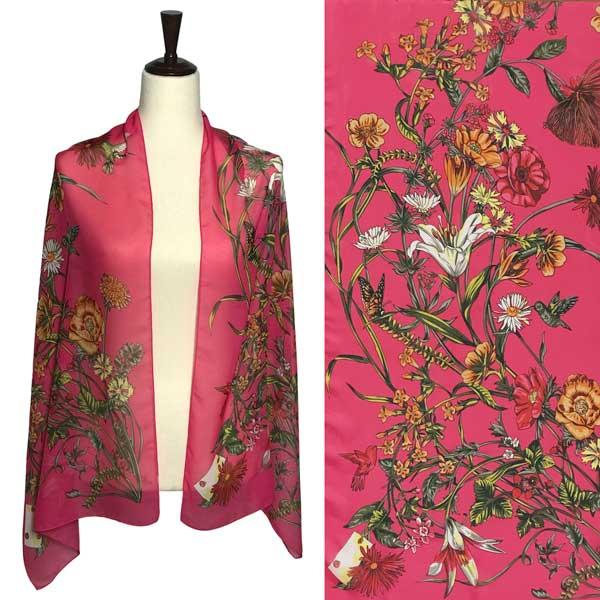 1909 - Silky Dress Scarves A050 - Magenta Floral on Magenta - 