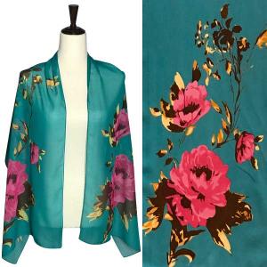 1909 - Silky Dress Scarves A051 - Teal<br>Floral on Teal Silky Dress Scarf - 