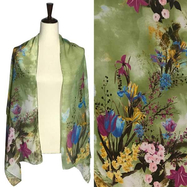 1909 - Silky Dress Scarves A056 - Green Floral Print - 