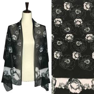 1909 - Silky Dress Scarves A058 - Black<br>Black with White Roses Silky Dress Scarf - 