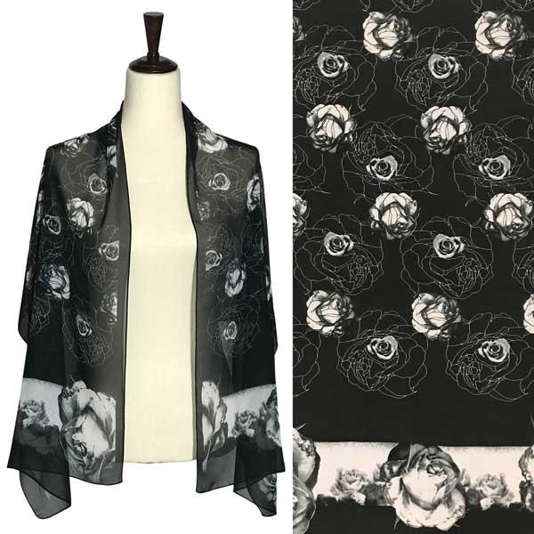 wholesale 1909 - Silky Dress Scarves A058 - Black<br>Black with White Roses Silky Dress Scarf - 
