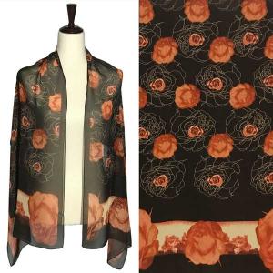 1909 - Silky Dress Scarves A059 - Brown<br>Brown with Rust Roses Silky Dress Scarf - 
