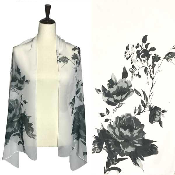 Wholesale Silky Dress Scarves - 1909 A061 - White Floral on White MB - 