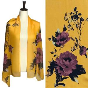 1909 - Silky Dress Scarves A064 - Mustard<br>Floral on Mustard Silky Dress Scarf - 