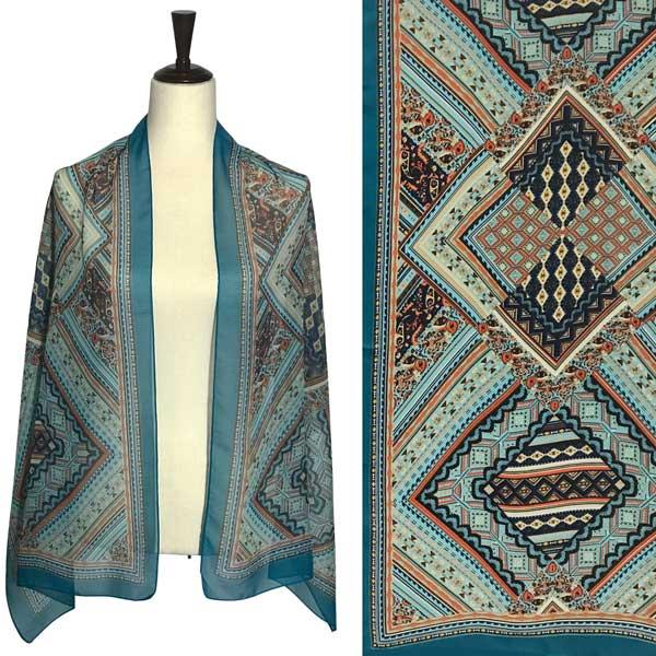 1909 - Silky Dress Scarves A067 - Teal Border<br>Geometric Paisley Silky Dress Scarf - 