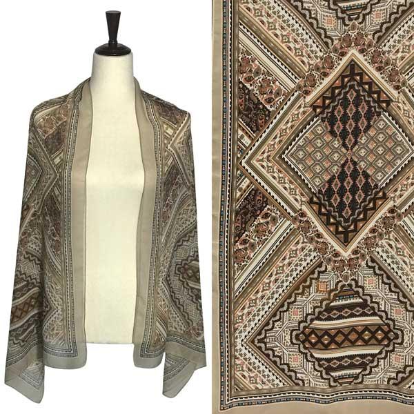 1909 - Silky Dress Scarves A068 - Tan Border<br>Geometric Paisley Silky Dress Scarf - 
