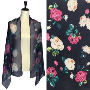 Wholesale  A073 - Navy<br>Floral on White Silky Dress Scarf - 