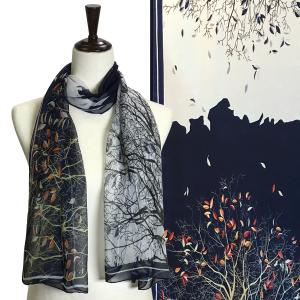 Wholesale Silky Dress Scarves - 1909 LT02 - Leafy Tree Navy - 