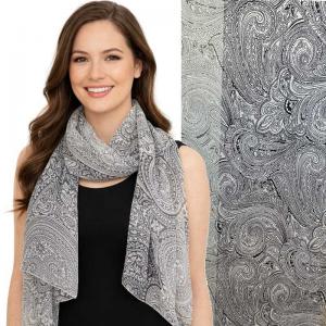 1909/T - Silky Dress Scarves  001/E26<br> Two Tone Black/Grey over Ivory Paisley - 18