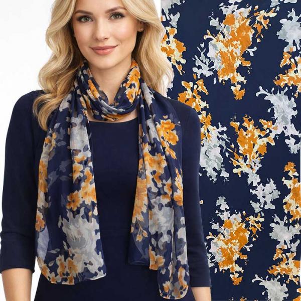 wholesale 1909/T - Silky Dress Scarves  003/B26<br> Navy Multi Abstract Falling Leaves - 18