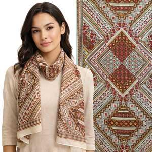 1909/T - Silky Dress Scarves  004/A26<br> Beige/Burgundy Aztec Design - 18