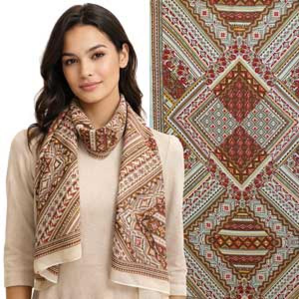 wholesale 1909/T - Silky Dress Scarves  004/A26<br> Beige/Burgundy Aztec Design - 18