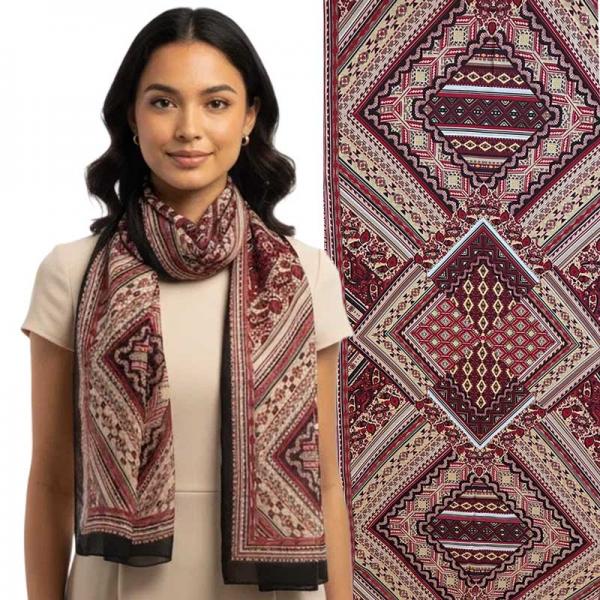 wholesale 1909/T - Silky Dress Scarves  004/B26<br> Black/Burgundy Aztec Design (MB) - 18