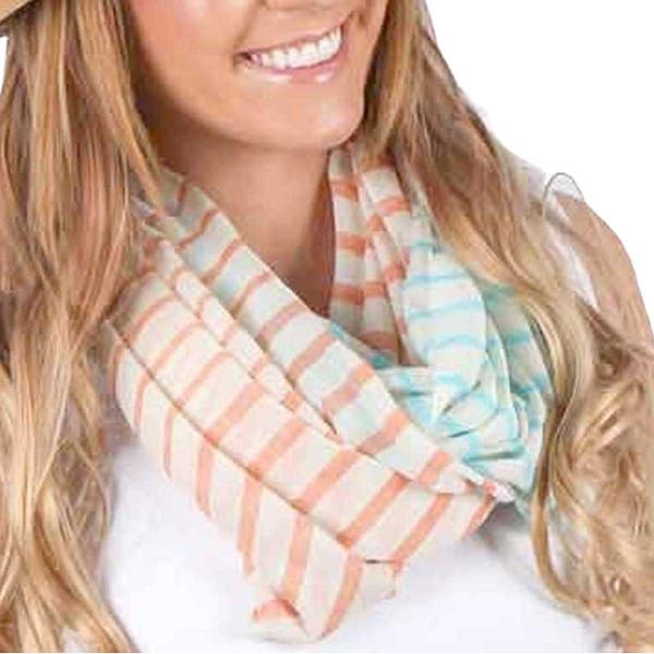 wholesale 0830 - Multi Color Stripe Infinity Scarves #02 Orange /Aqua Stripes on Cream - 