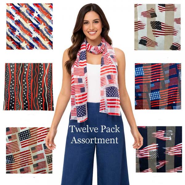 Wholesale 074 Red, White and Blue - US Flag Patriotic 12 Pack<br>
Patriotic Print Scarves - 