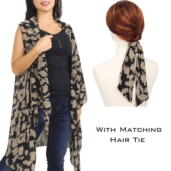 wholesale 2144 - Chiffon Scarf Vests (Style 2)   SET #9938 ABSTRACT BLACK AND TAN Chiffon Scarf Vests with Matching Hair Tie - One Size Fits All