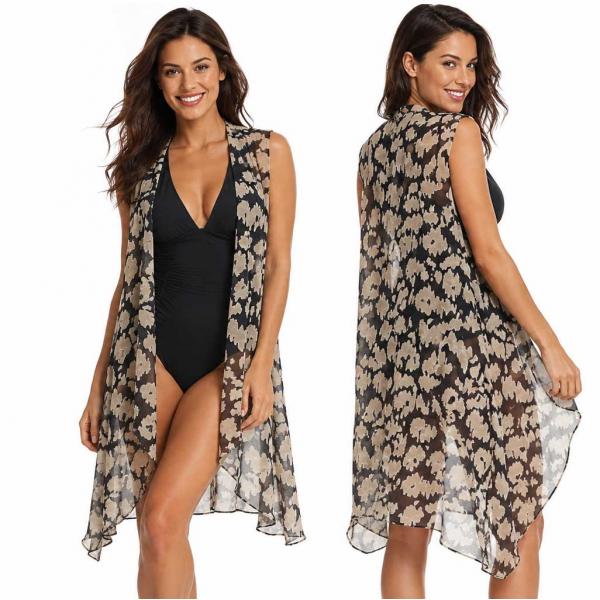 wholesale 2144 - Chiffon Scarf Vests (Style 2)  #9938 Abstract Black and Tan Chiffon Scarf Vests (Style 2) - One Size Fits All