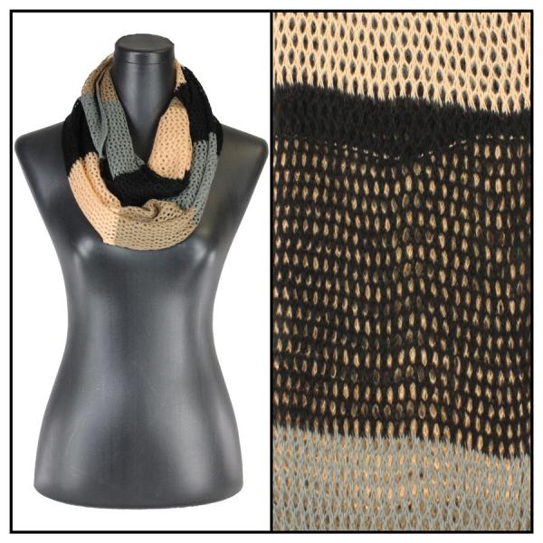 4059 Infinity Scarves - Knitted Multi Stripe  Black-Tan - 