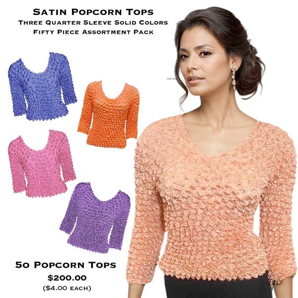 wholesale 232 - Travel Popcorn - Three Quarter Sleeve Satin Popcorn Tops - 3/4 Satin Popcorn Tops - 3/4 Sleeve<br>
50 Piece Assortment Pack - One Size Fits Most