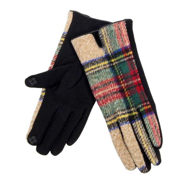 2390 - Touch Screen Smart Gloves 3529-BE <br> Beige Tartan Plaid  - 