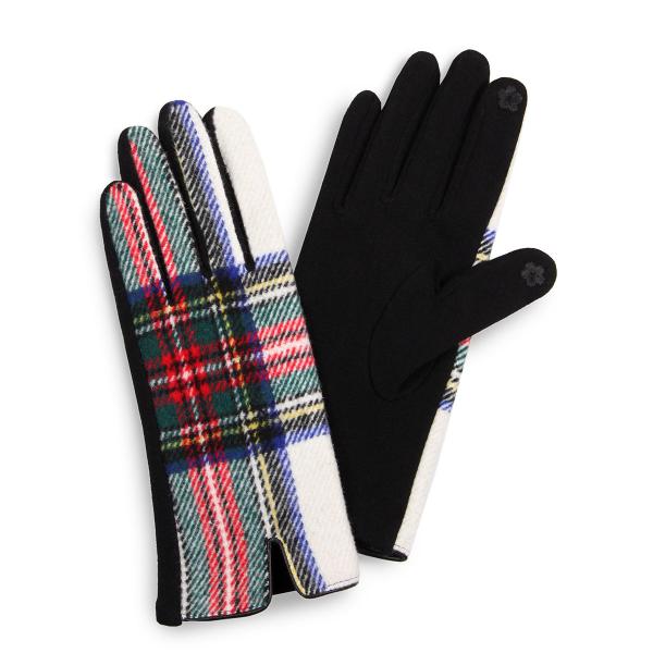 2390 - Touch Screen Smart Gloves 3529-WT <br>White Tartan Plaid  - One Size Fits Most