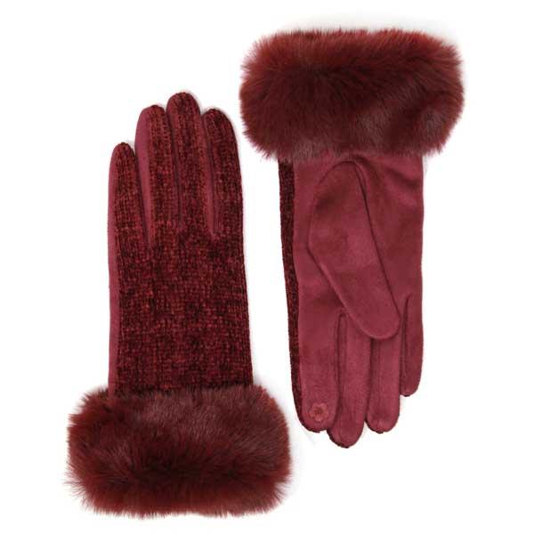 2390 - Touch Screen Smart Gloves Premium Gloves - Faux Fur/Chenille - Burgundy - One Size Fits Most