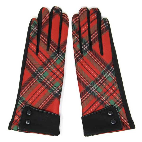 wholesale 2390 - Touch Screen Smart Gloves LOG-195 Plaid w/Button Red<br>Touch Screen Gloves  - One Size Fits Most