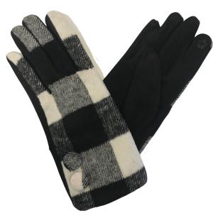 Wholesale 2390 - Touch Screen Smart Gloves BPWH - White/Black<br>
White/Black Buffalo Plaid w/Buttons - One Size Fits Most