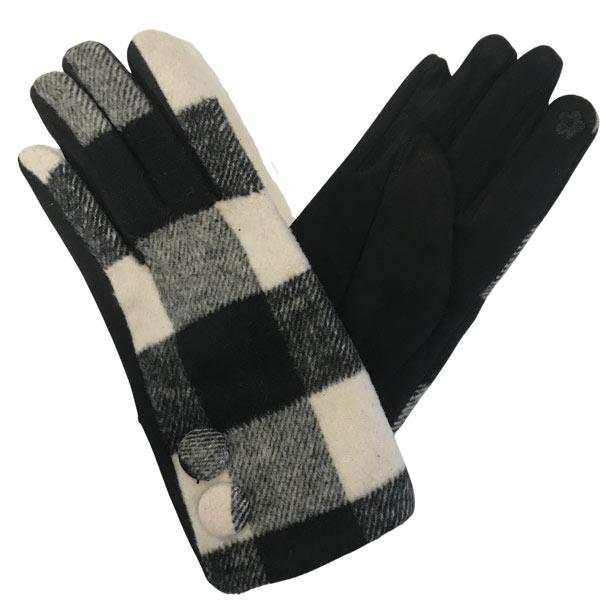 2390 - Touch Screen Smart Gloves BPWH - White/Black<br>
White/Black Buffalo Plaid w/Buttons - One Size Fits Most