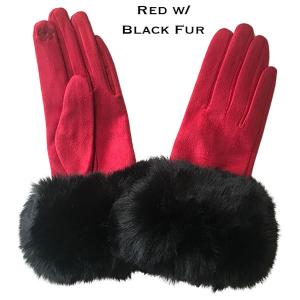 Wholesale  Premium Gloves - Faux Rabbit Fur - Red - Black Fur - 