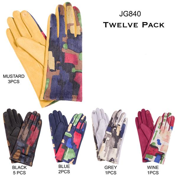 wholesale 2390 - Touch Screen Smart Gloves  JG840<br> Faux Suede Color Block <br>Twelve Pack - One Size Fits Most