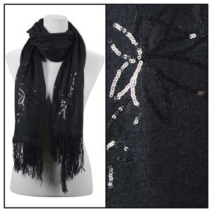 2409 - Sequined Cashmere Feel Scarves Floral 4108 - Black - 