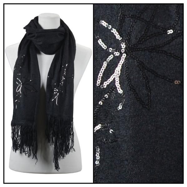 Wholesale 2409 - Sequined Cashmere Feel Scarves Floral 4108 - Black - 