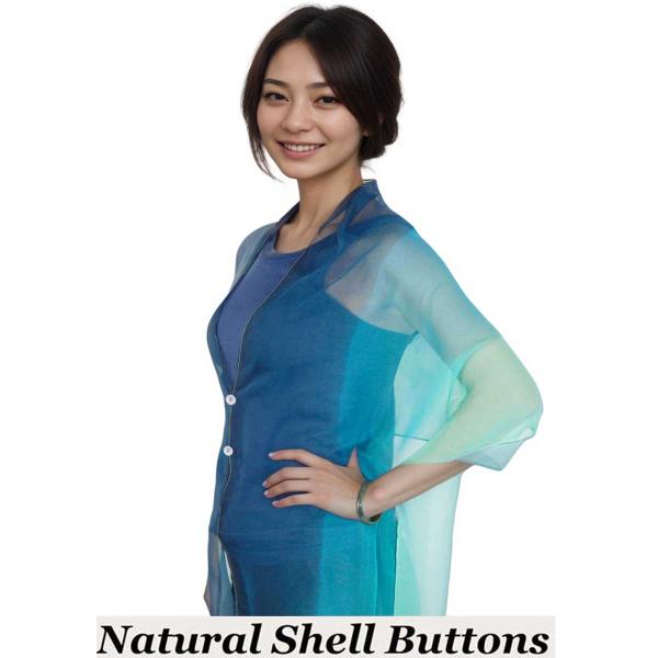 Wholesale 2451/T - Silky Two Button Shawl  106/NBS <br>
Tri-Color Navy-Blue-Seafoam<br>
Shell Buttons - 