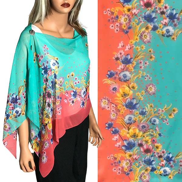 2451 - Silky Two Button Shawl  015CO - Coral<br> 
Coral Floral Mix Button Shawl<br
Shell Buttons - 