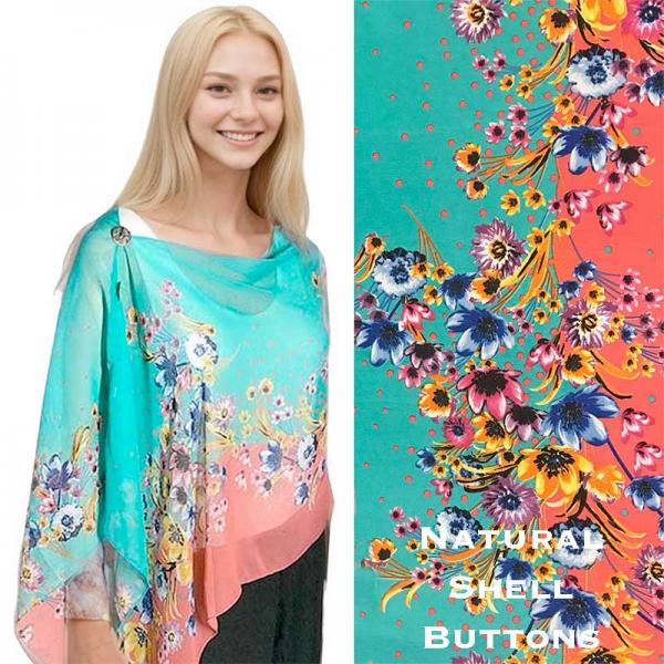 Wholesale 2451/T - Silky Two Button Shawl  015/CO<br> 
Coral Floral Mix<br>
Shell Buttons - 