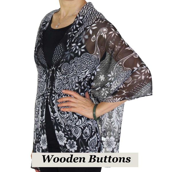 wholesale 2451 - Silky Two Button Shawl  506BW Wooden Buttons<br>Peacock Abstract Black-White  - 