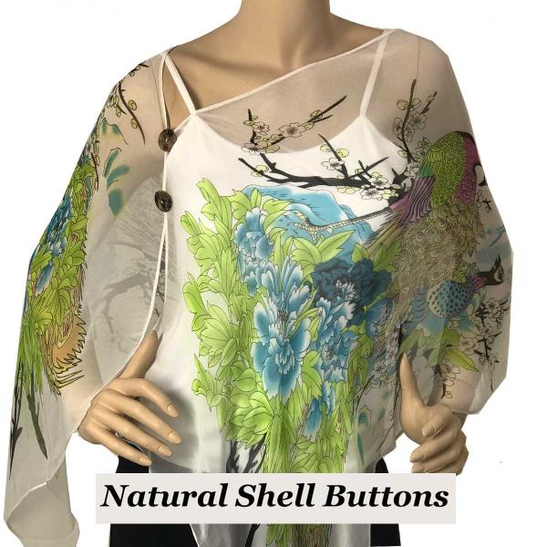 2451 - Silky Two Button Shawl  Natural Shell Buttons #115 White-Multi (Peacock)  - 
