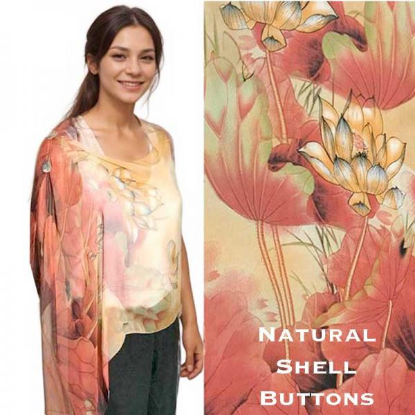 Wholesale 2451/T - Silky Two Button Shawl  130/RG <br>
Red-Gold Lotus<br>
Shell Buttons - 