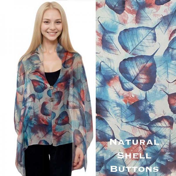 Wholesale 2451/T - Silky Two Button Shawl  129/BL<br>
Blue Leaves<br>
Shell Buttons - 