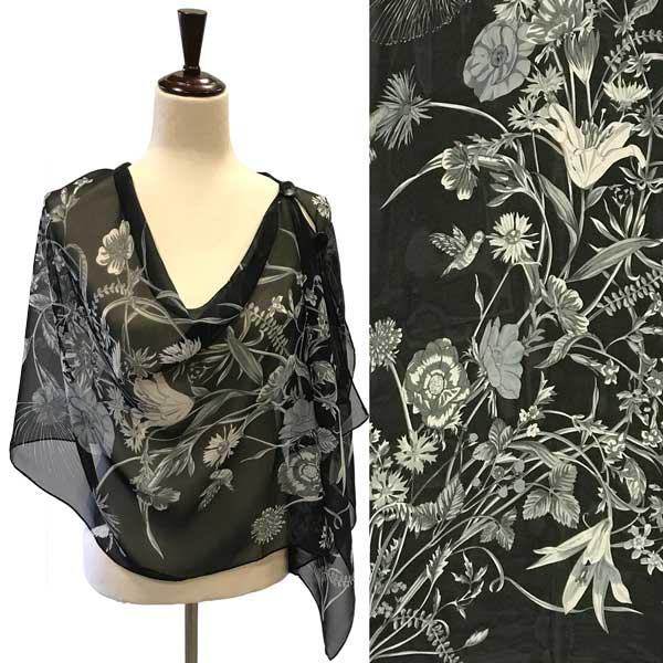 wholesale 2451 - Silky Two Button Shawl  FLBK Wooden Buttons<br> Floral Grey on Black - 