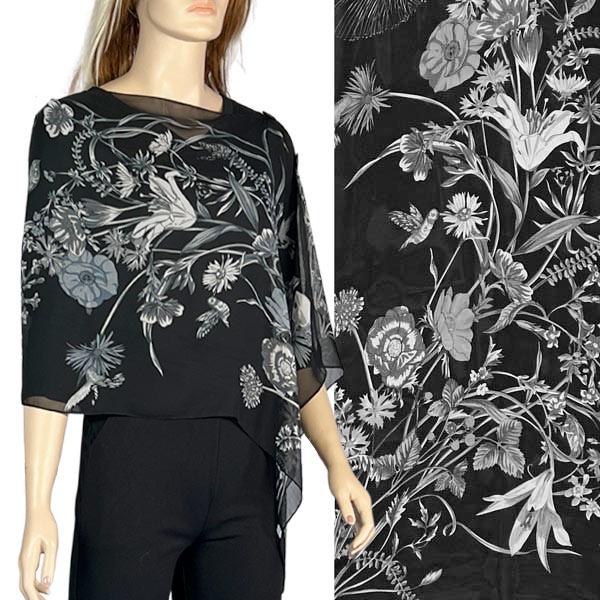 wholesale 2451 - Silky Two Button Shawl  SBW-FLBK - Floral Grey on Black<br>
Black Wooden Buttons
 - 