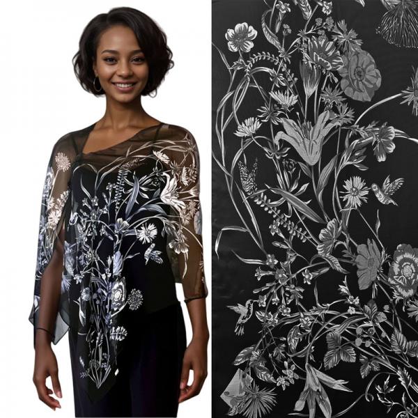 wholesale 2451/T - Silky Two Button Shawl  SBW-FLBK <br> 
Floral Grey on Black<br>
Black Wooden Buttons
 - 