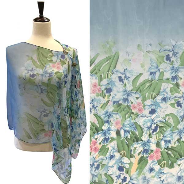wholesale 2451 - Silky Two Button Shawl  FLDE3 Shell Buttons<br> Denim Floral Print - 