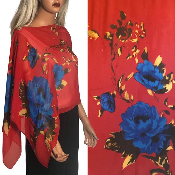 2451 - Silky Two Button Shawl  A039 Red<br>
Floral on Red Button Shawl<br>
Shell Buttons - 