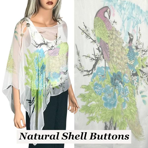 wholesale 2451 - Silky Two Button Shawl  SBS-PC04 Shell Buttons<br> White Multi Peacock - 