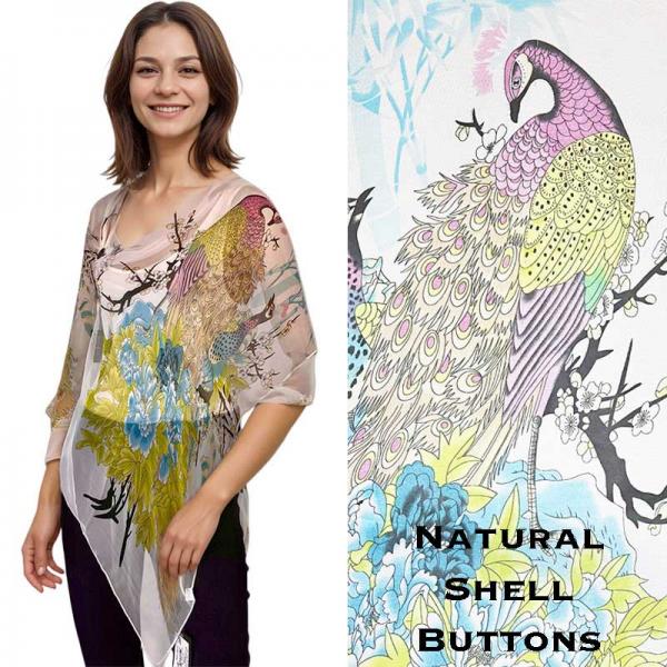 Wholesale 2451/T - Silky Two Button Shawl  PC/04<br> 
White Multi Peacock<br> 
Shell Buttons - 